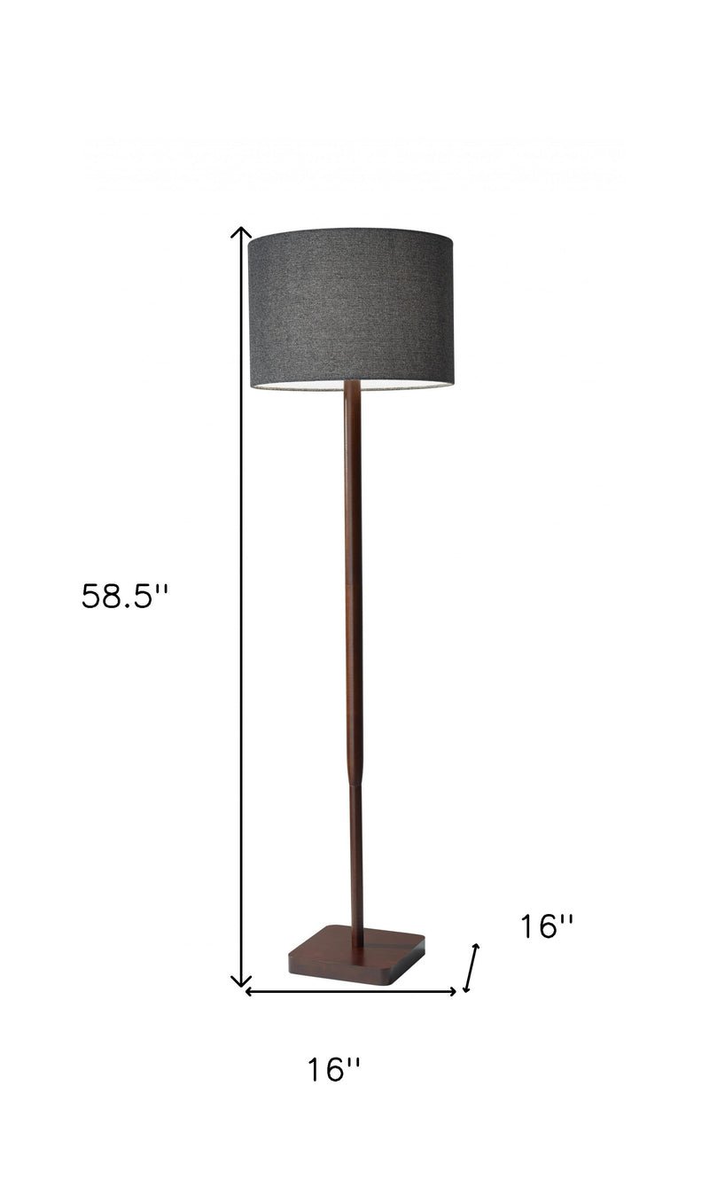 59" Brown And Black Solid Wood Floor Lamp With Dark Gray Fabric Drum Shade - Lighting