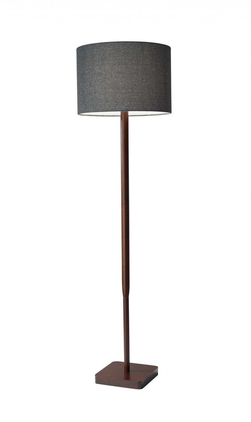 59" Brown And Black Solid Wood Floor Lamp With Dark Gray Fabric Drum Shade - Lighting