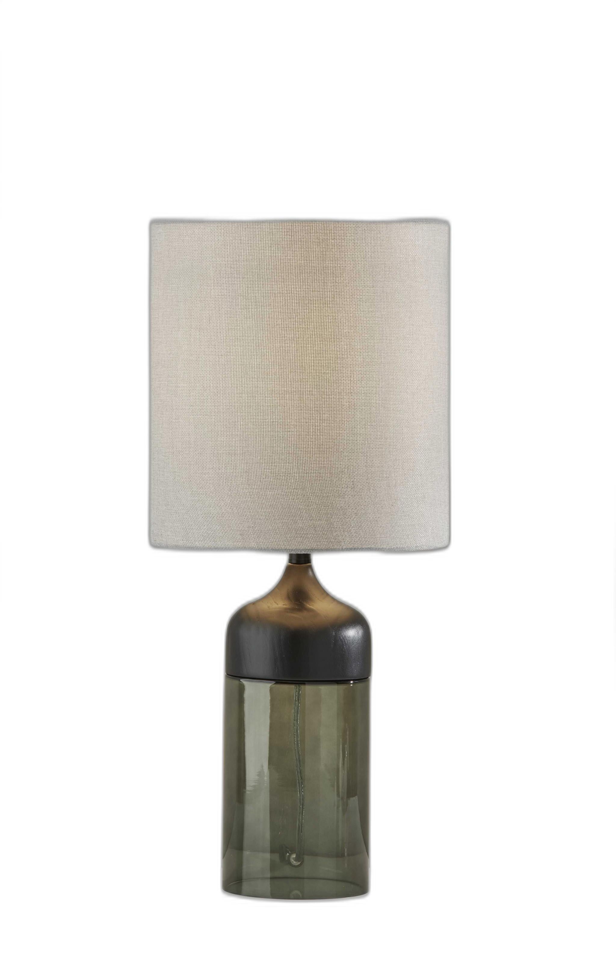 23" Black Wood And Smoked Glass Bedside Lamp With Gray Drum Shade - Lighting