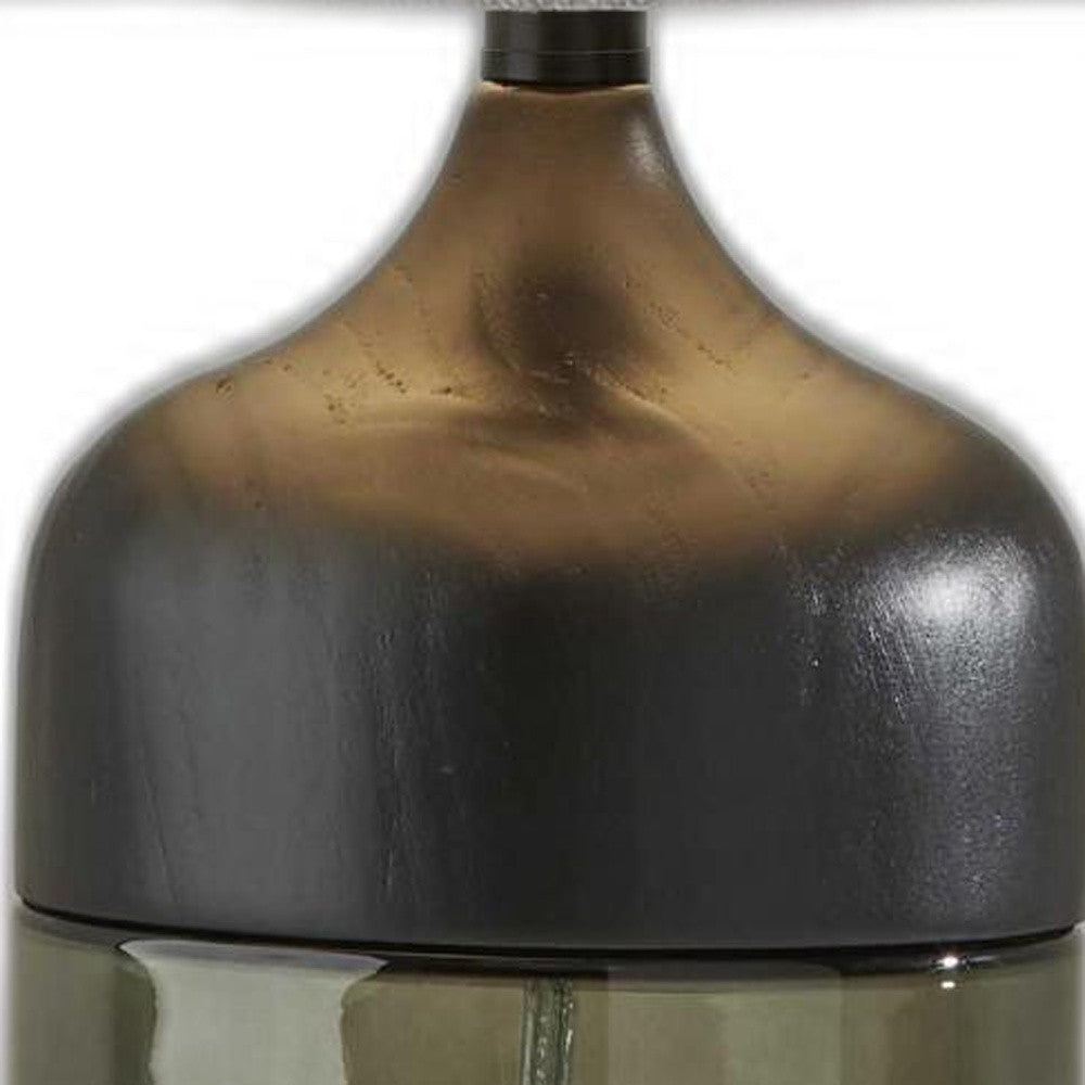 23" Black Wood And Smoked Glass Bedside Lamp With Gray Drum Shade - Lighting