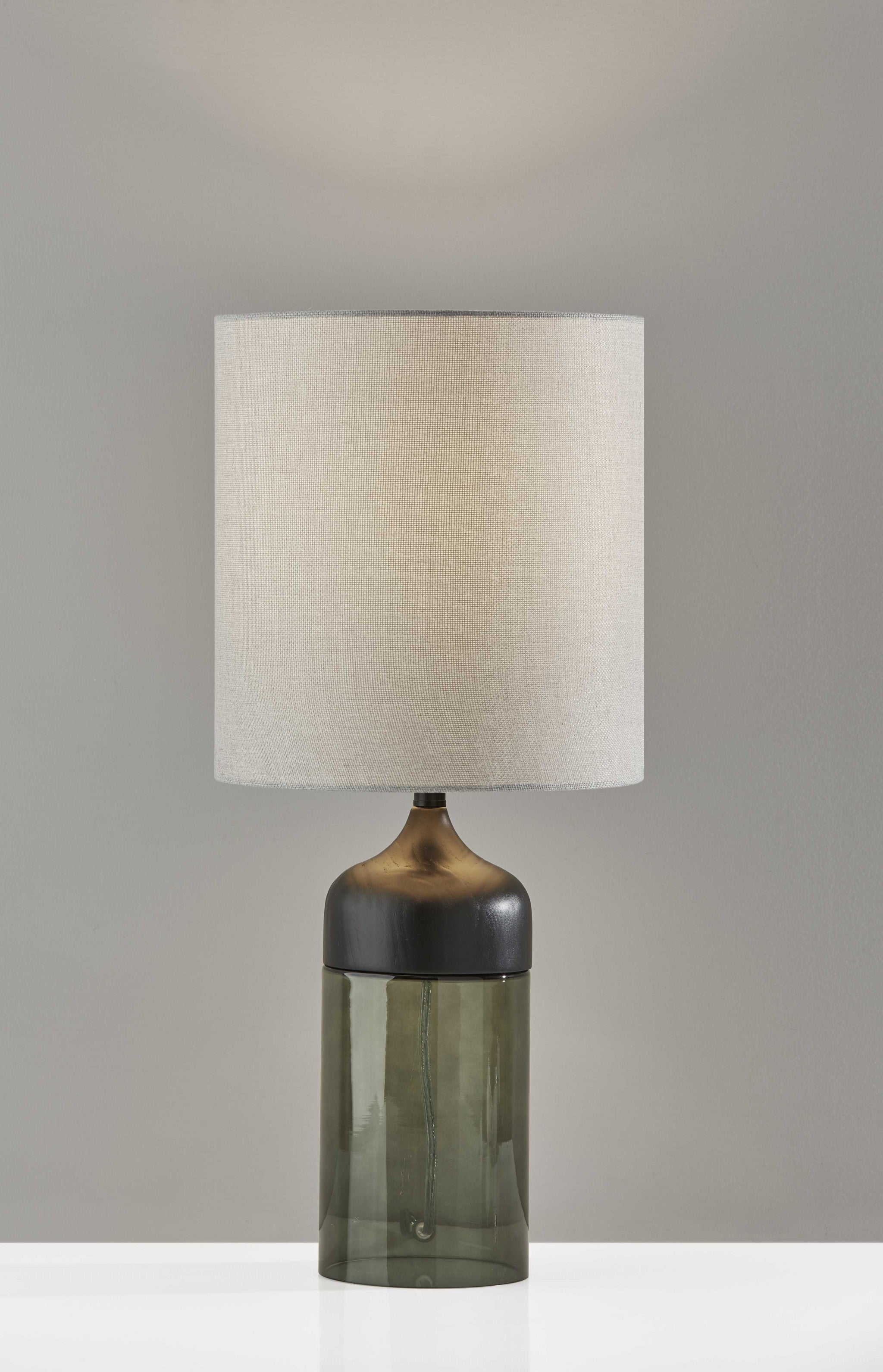 23" Black Wood And Smoked Glass Bedside Lamp With Gray Drum Shade - Lighting