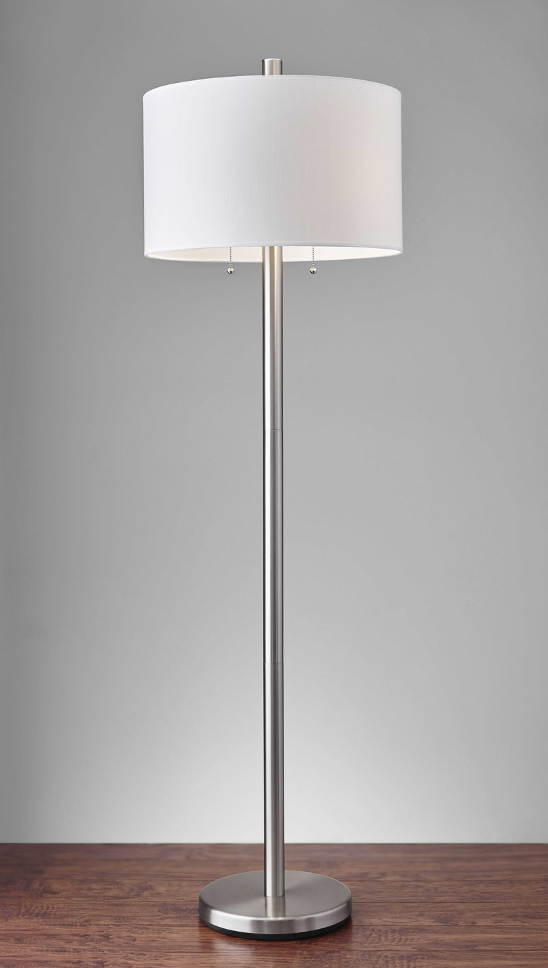 61" Silver Two Light Floor Lamp With White Fabric Drum Shade - Lighting