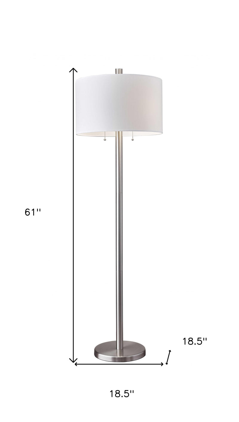 61" Silver Two Light Floor Lamp With White Fabric Drum Shade - Lighting