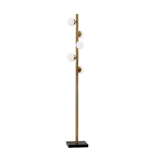 Modern gold floor lamp with four white globe bulbs and sleek black base, perfect for contemporary decor.