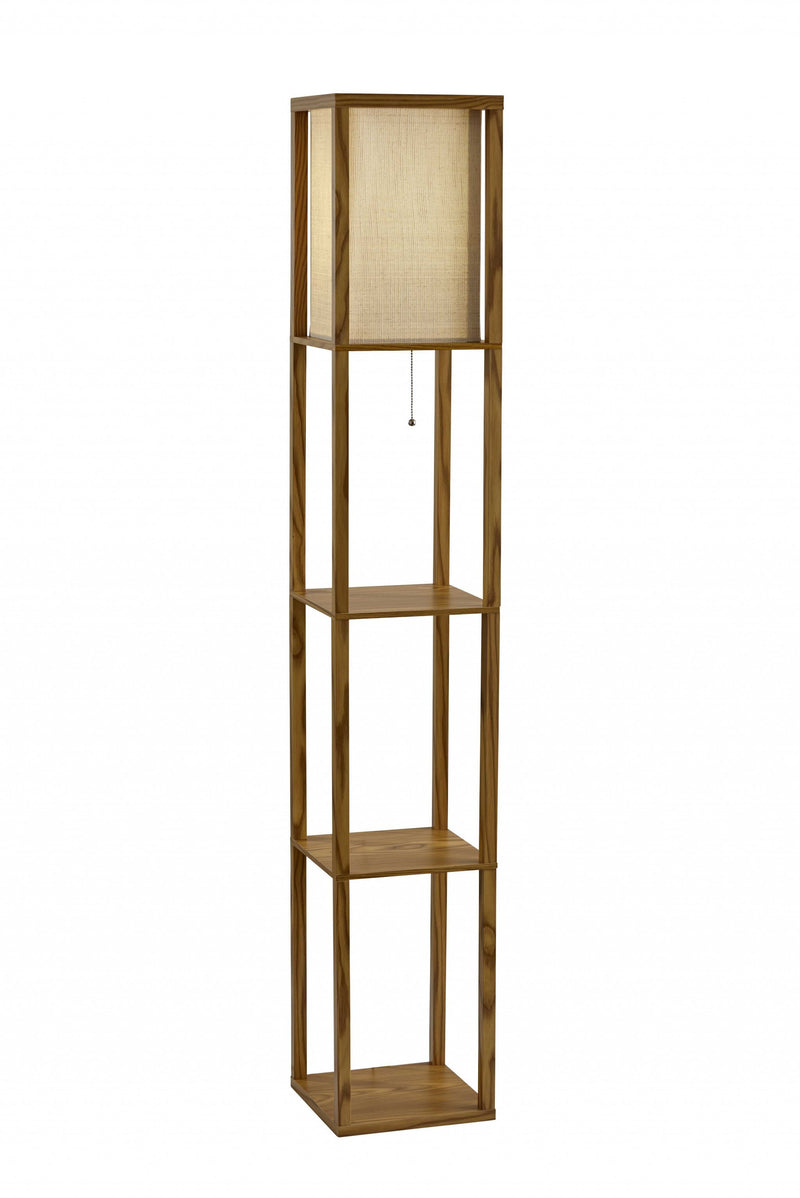 63" Natural Solid Wood Column With Brown Fabric Shade - Lighting