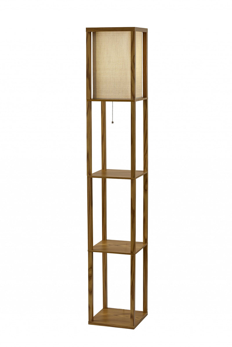 63" Natural Solid Wood Column With Brown Fabric Shade - Lighting
