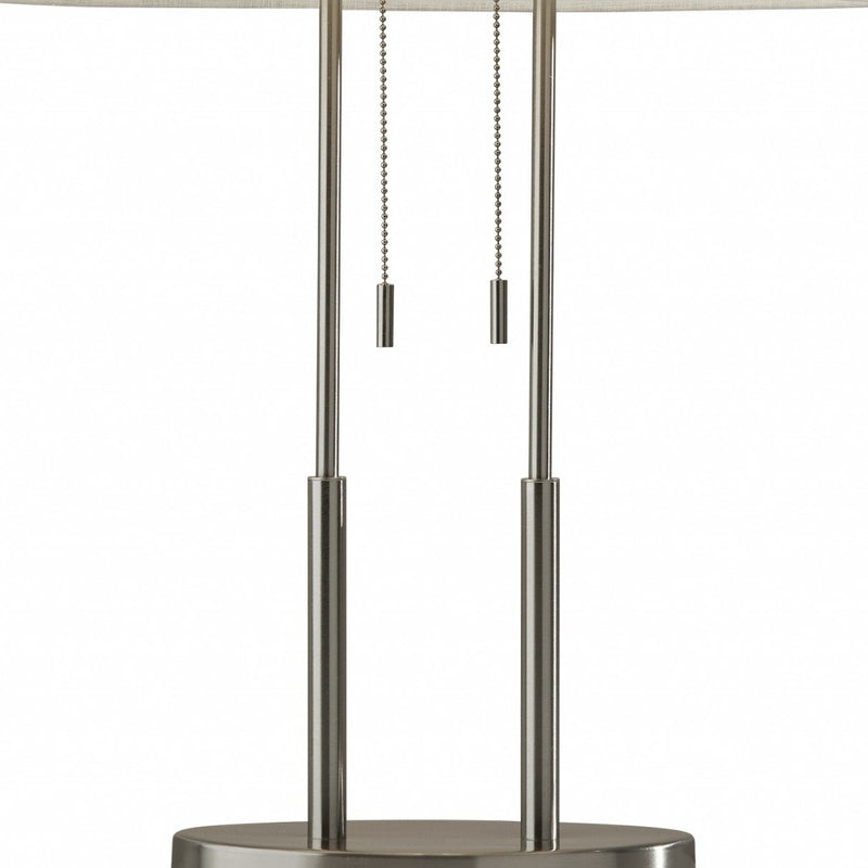 27" Silver Metal Two Light Bedside Lamp With Off White Drum Shade - Lighting