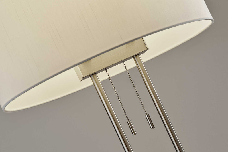 27" Silver Metal Two Light Bedside Lamp With Off White Drum Shade - Lighting