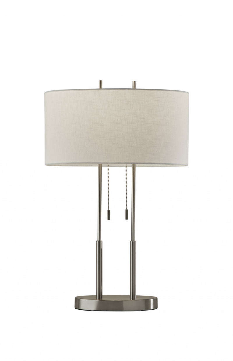 27" Silver Metal Two Light Bedside Lamp With Off White Drum Shade - Lighting