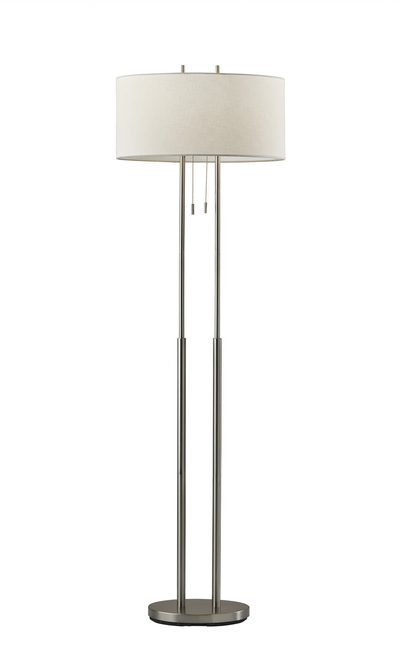 62" Silver Metal Task Floor Lamp With White Fabric Drum Shade - Lighting