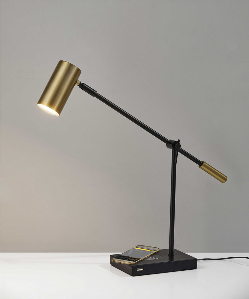 22" Black Metal Swing Arm LED Desk Lamp With USB And Antiqued Gold Cylinder Shade - Lighting