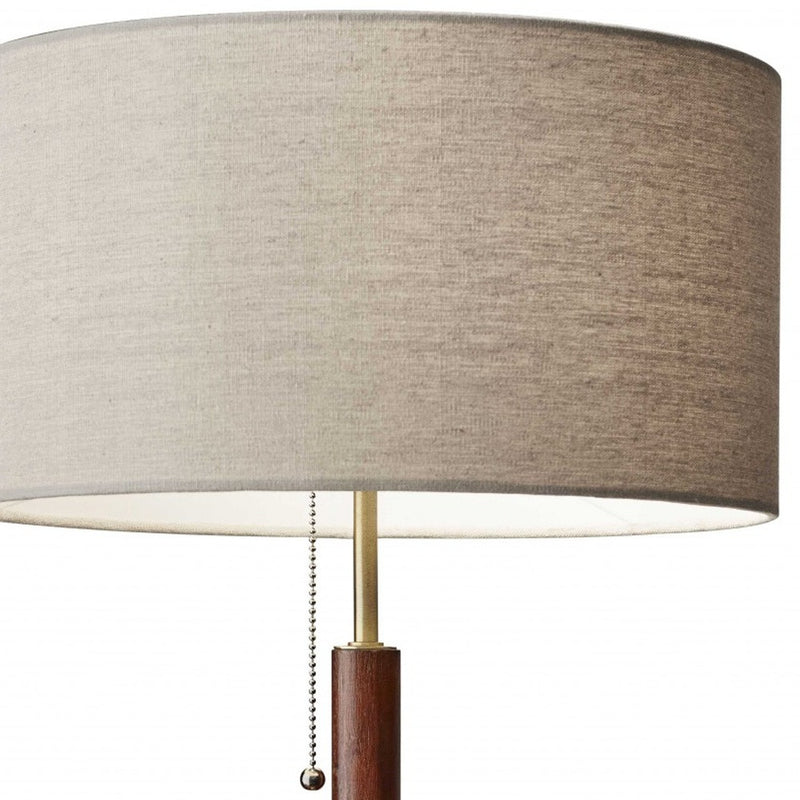 26" Antiqued Brass Solid Wood Table Lamp With Beige Drum Shade - Lighting
