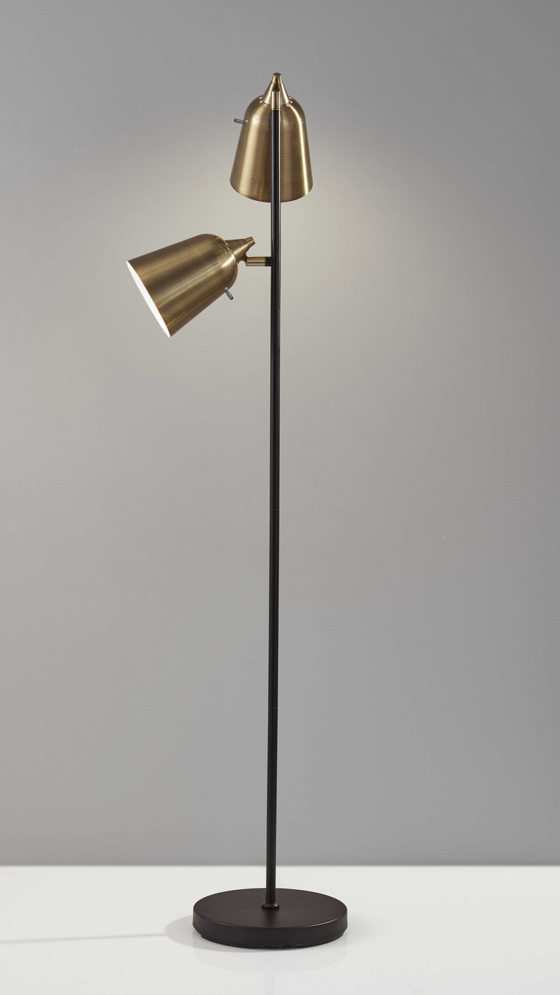 58" Black Two Light Task Floor Lamp With Antiqued Brass Metal Cone Shade - Lighting