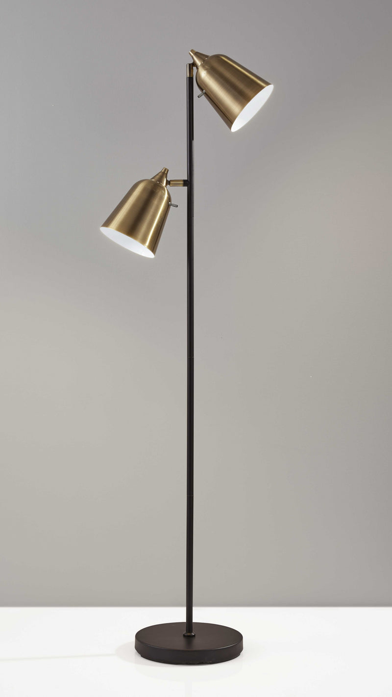58" Black Two Light Task Floor Lamp With Antiqued Brass Metal Cone Shade - Lighting