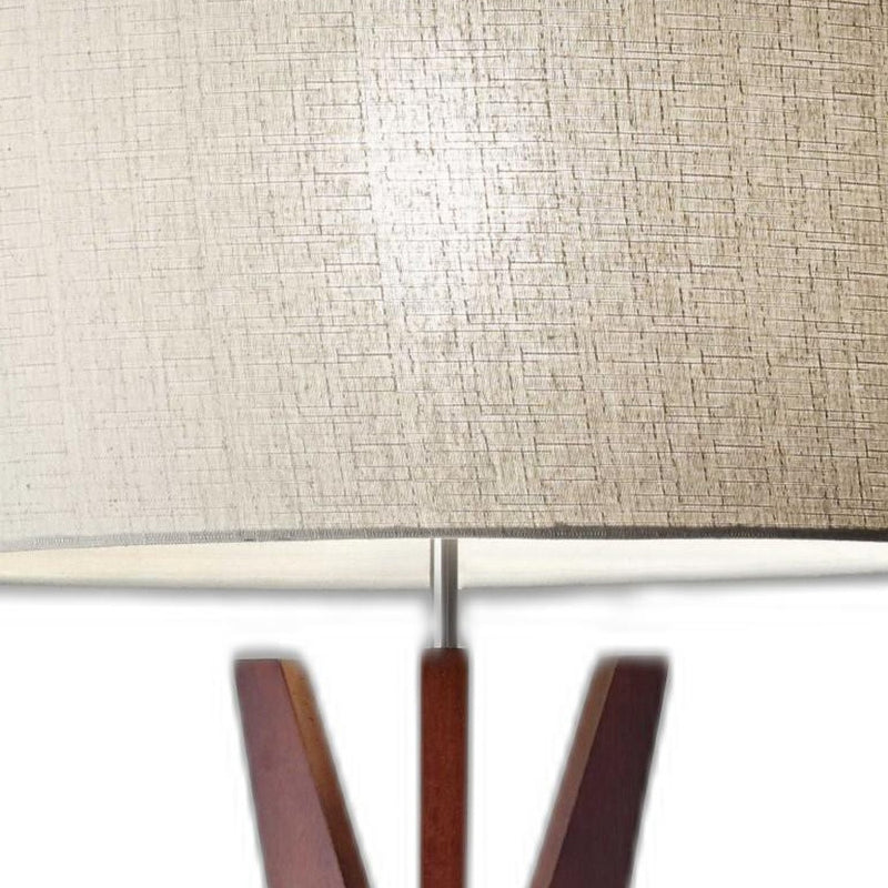 60" Brown And White Solid Wood Tripod Floor Lamp With White Fabric Drum Shade - Lighting