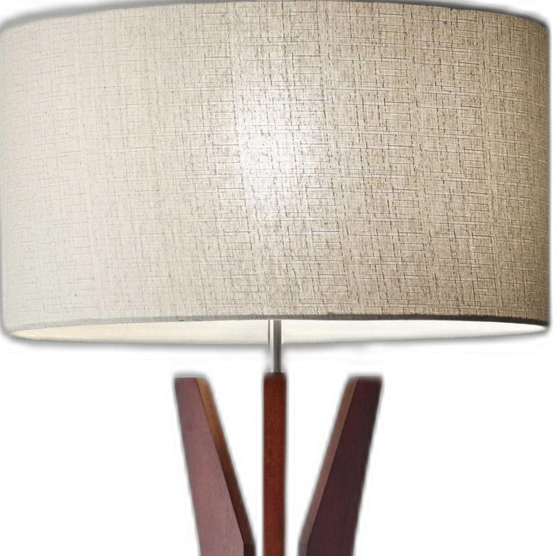 60" Brown And White Solid Wood Tripod Floor Lamp With White Fabric Drum Shade - Lighting