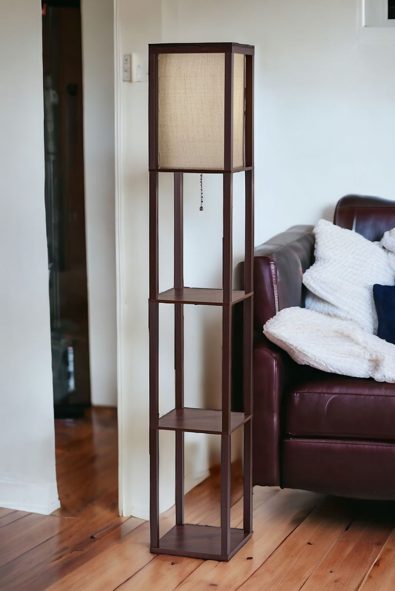 63" Brown Column Floor Lamp With Beige Fabric Square Shade - Lighting