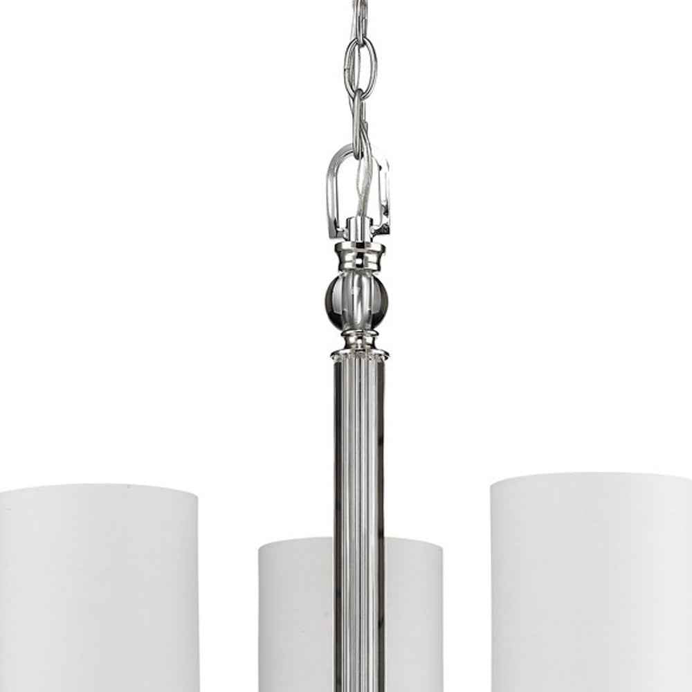 Silver Candle Style Three Light Metal and Crystals Dimmable Chandelier With White Shades