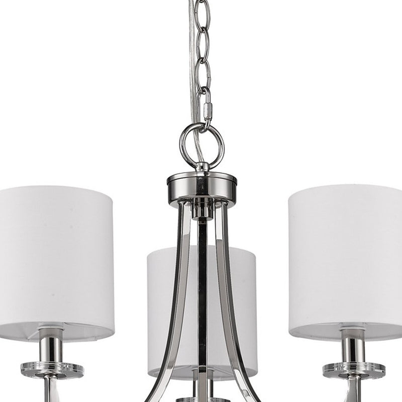 Silver Candle Style Three Light Metal Dimmable Chandelier With White Shades - Lighting