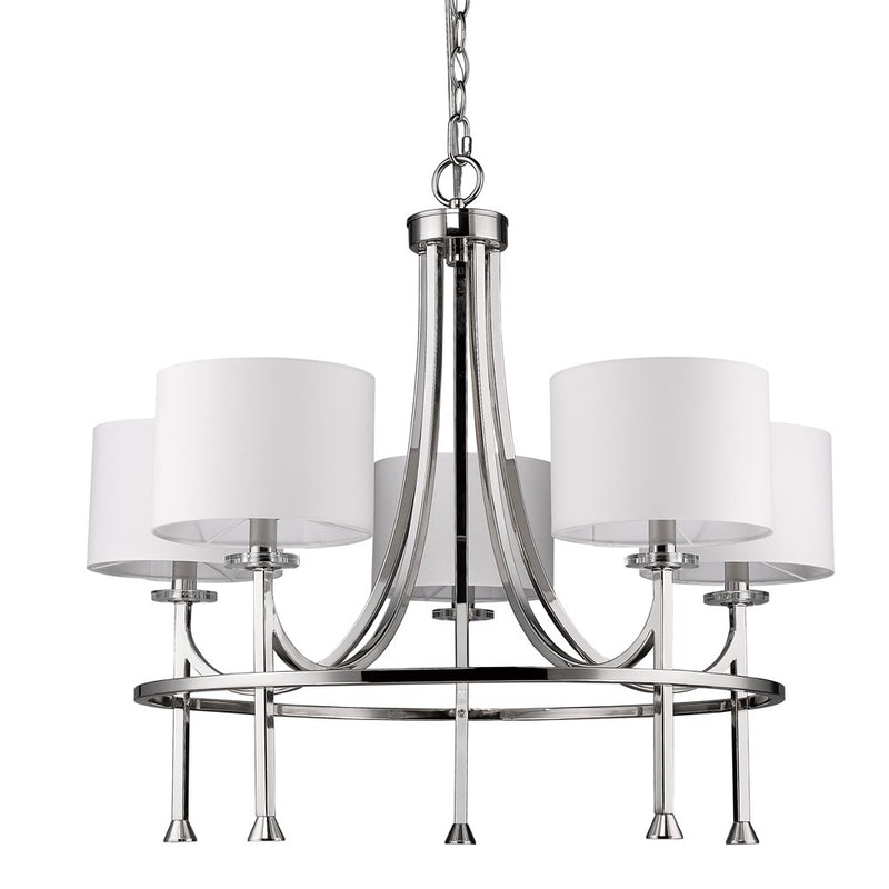 Silver Candle Style Five Light Metal and Crystals Dimmable Chandelier With White Shades - Lighting