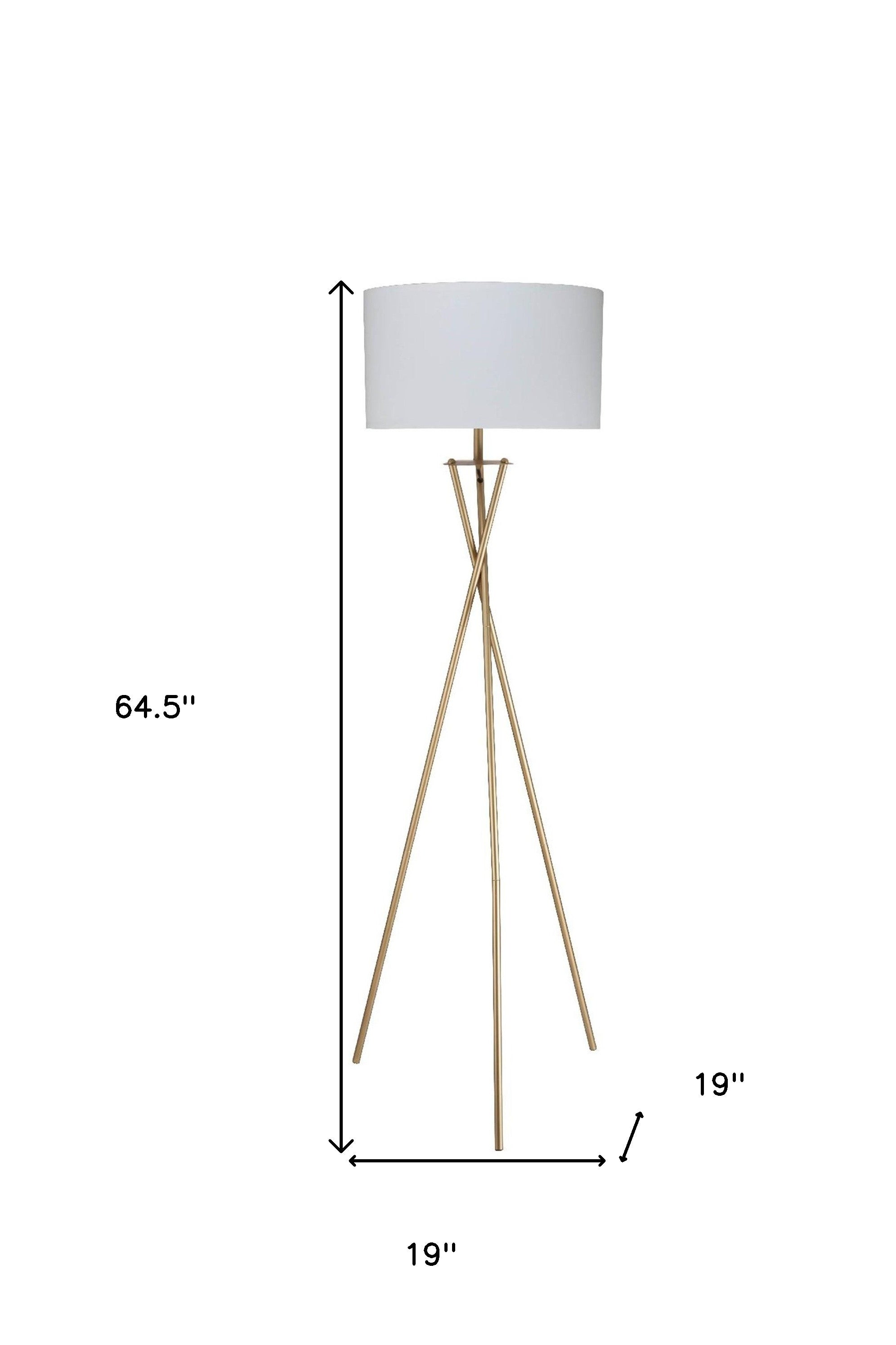 65" Gold And White Tripod Floor Lamp With White Fabric Drum Shade - Lighting