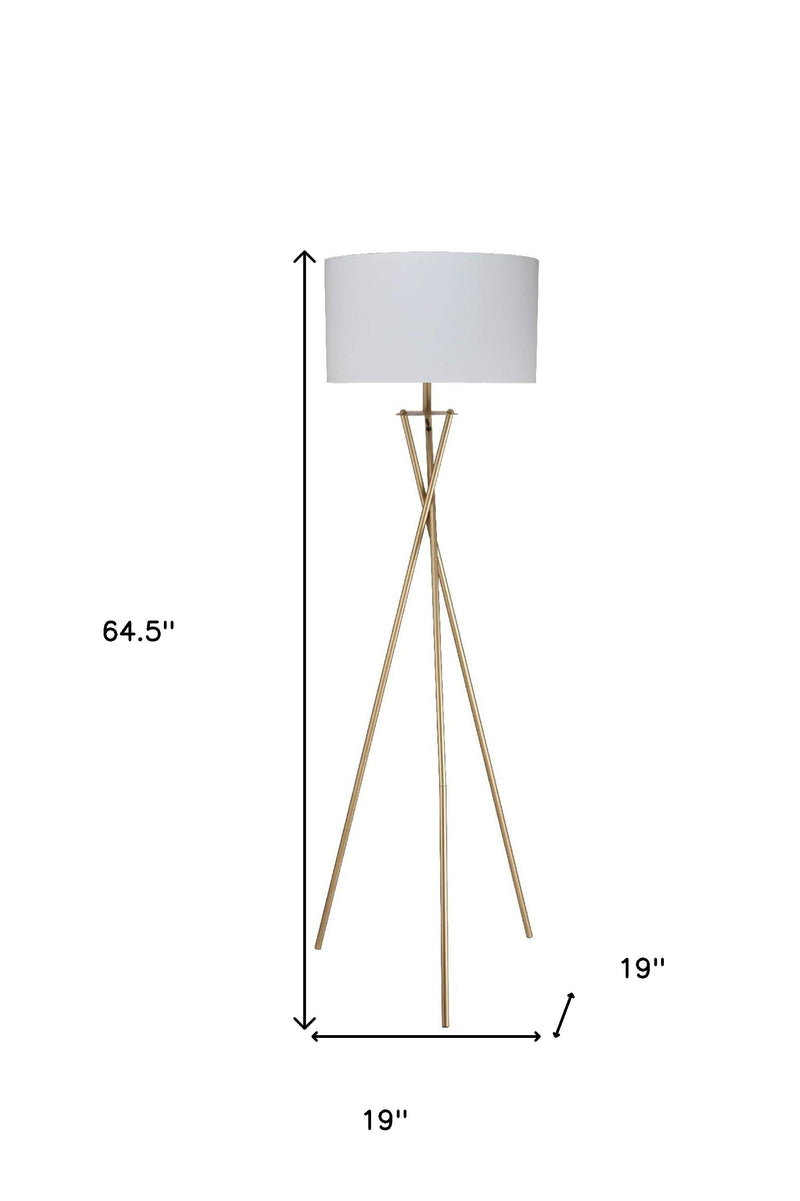 65" Gold And White Tripod Floor Lamp With White Fabric Drum Shade - Lighting