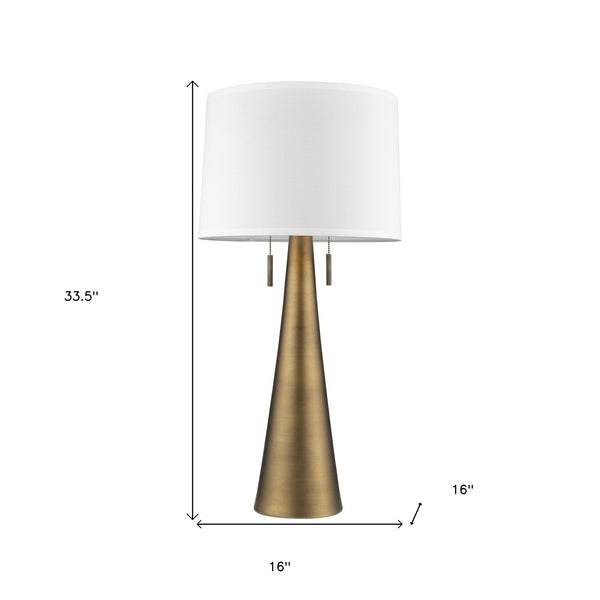34" Brass Metal Two Light Table Lamp With White Empire Shade Default Title