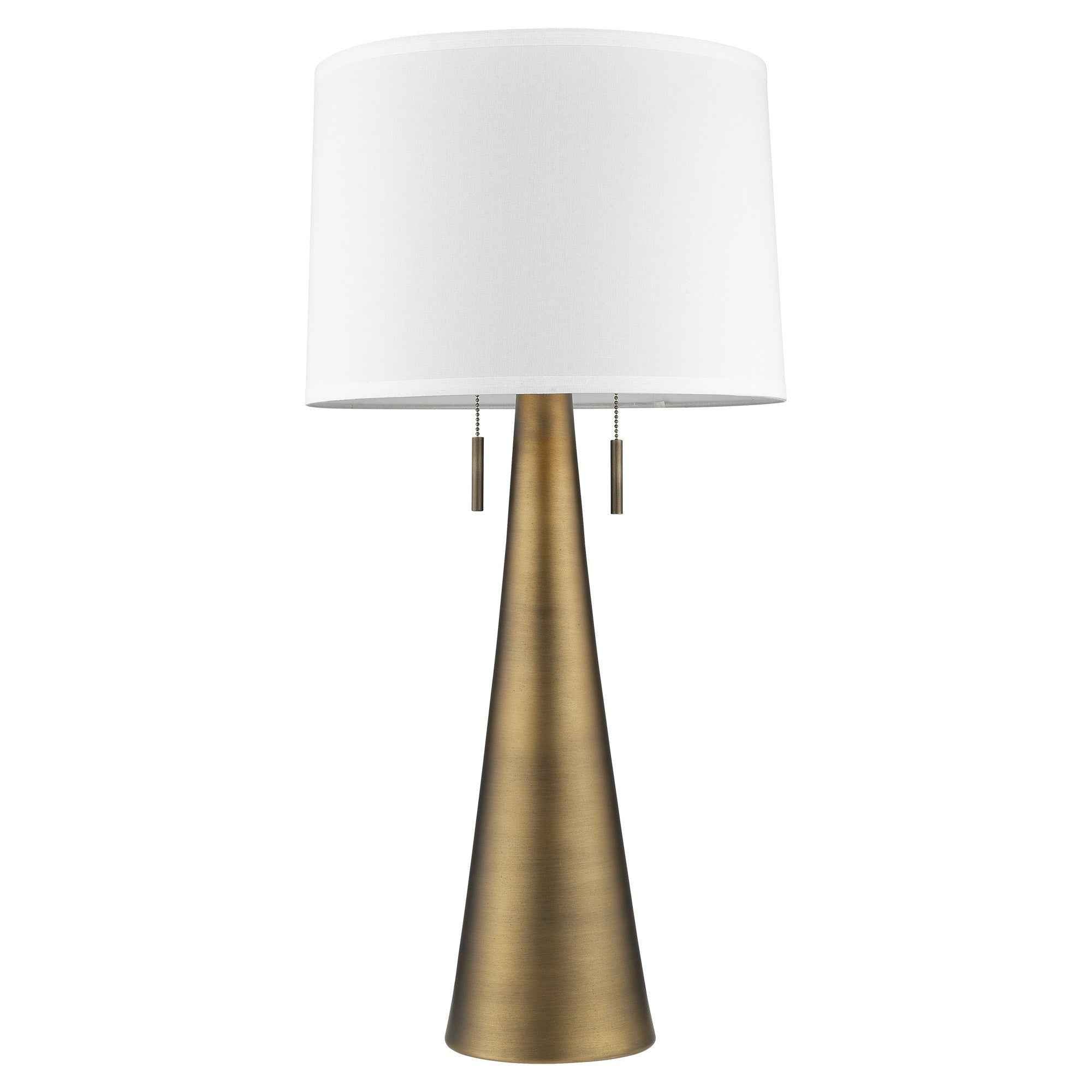 34" Brass Metal Two Light Table Lamp With White Empire Shade
