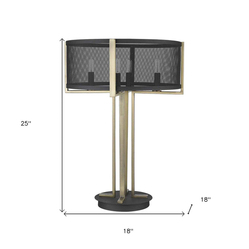 25" Brass Metal Four Light Geometric Table Lamp With Black Drum Shade