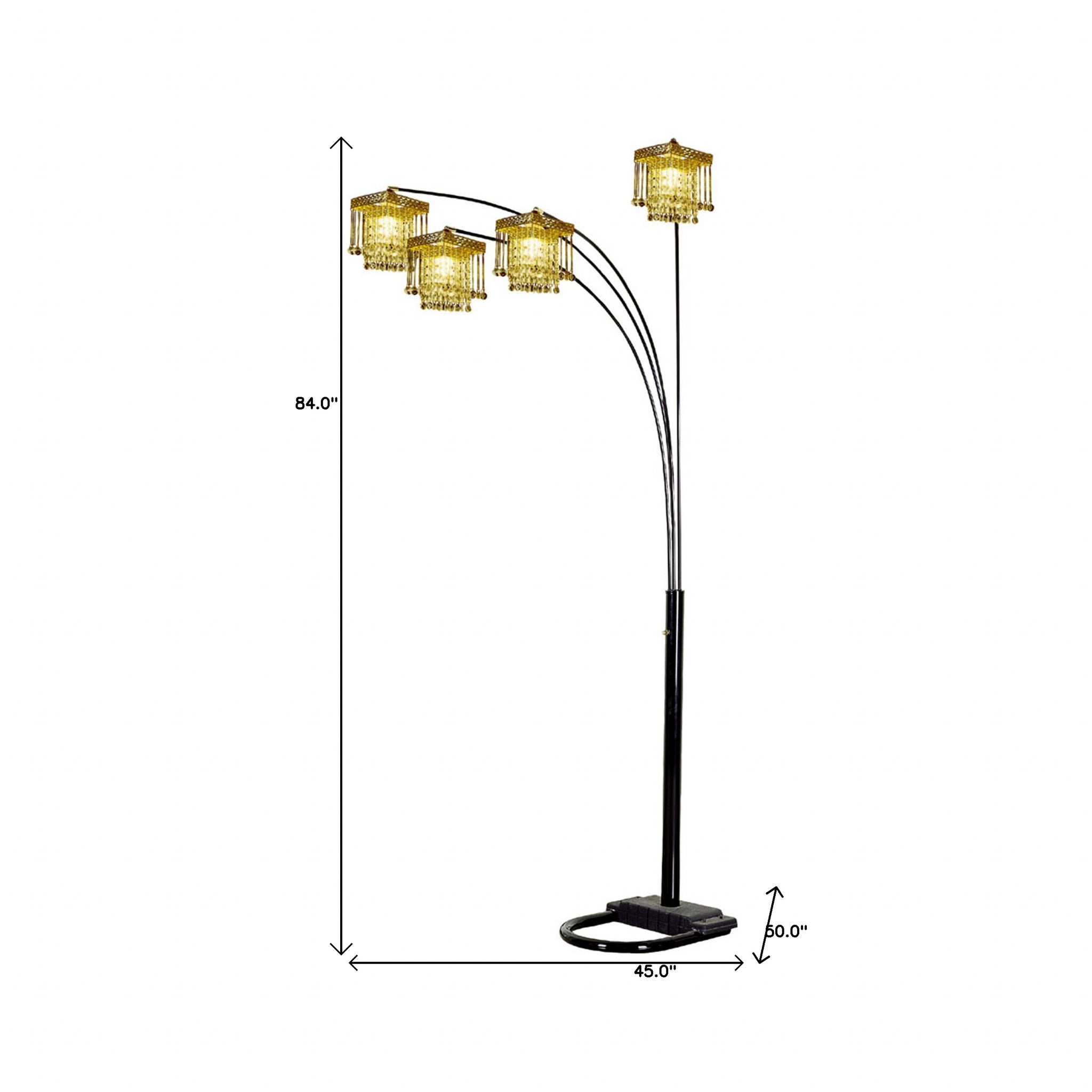 84" Black Four Light Arc Floor Lamp With Clear Crystal Glass Chandelier Shade - Lighting