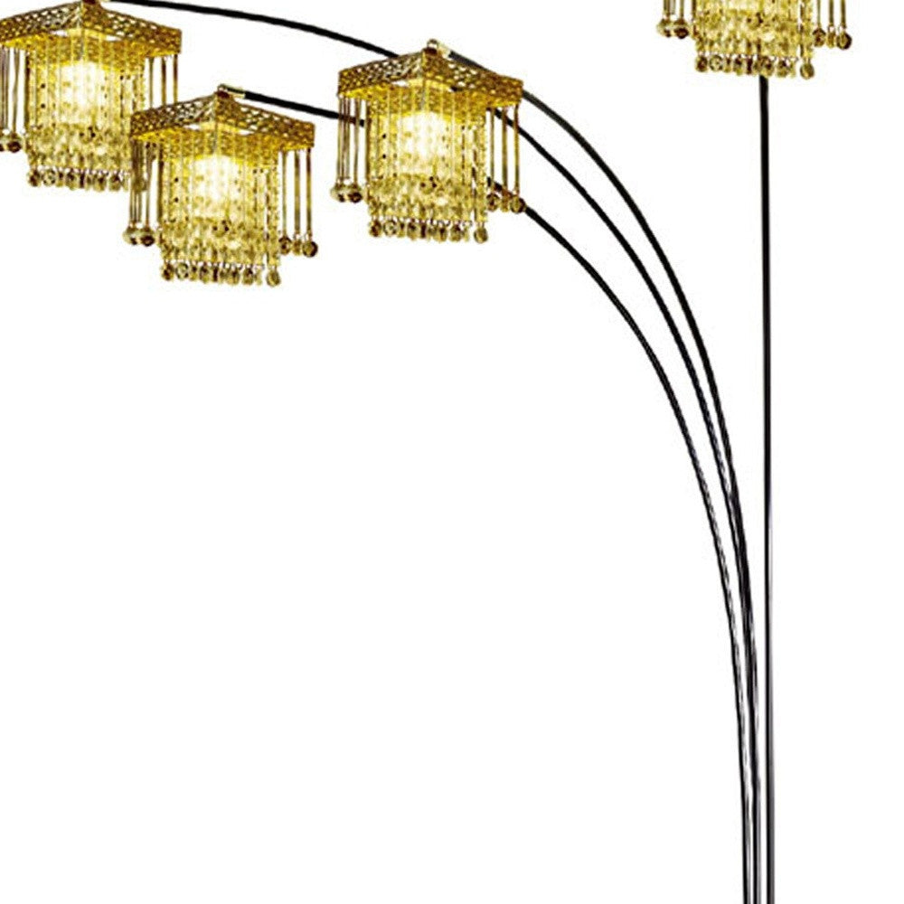 84" Black Four Light Arc Floor Lamp With Clear Crystal Glass Chandelier Shade - Lighting