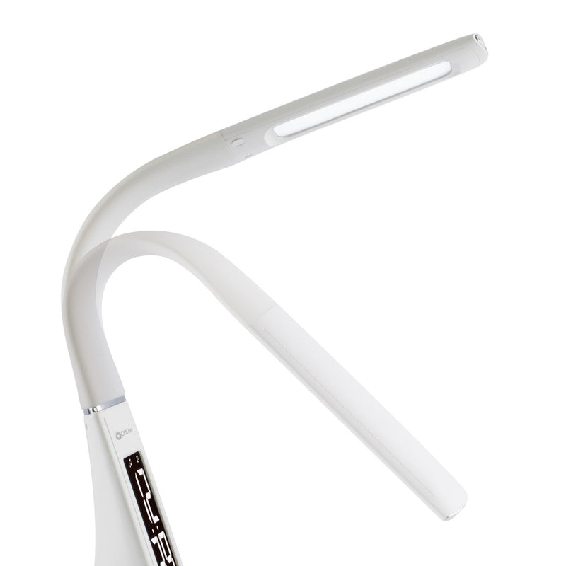 White LED desk lamp with curved arm and slim light bar
