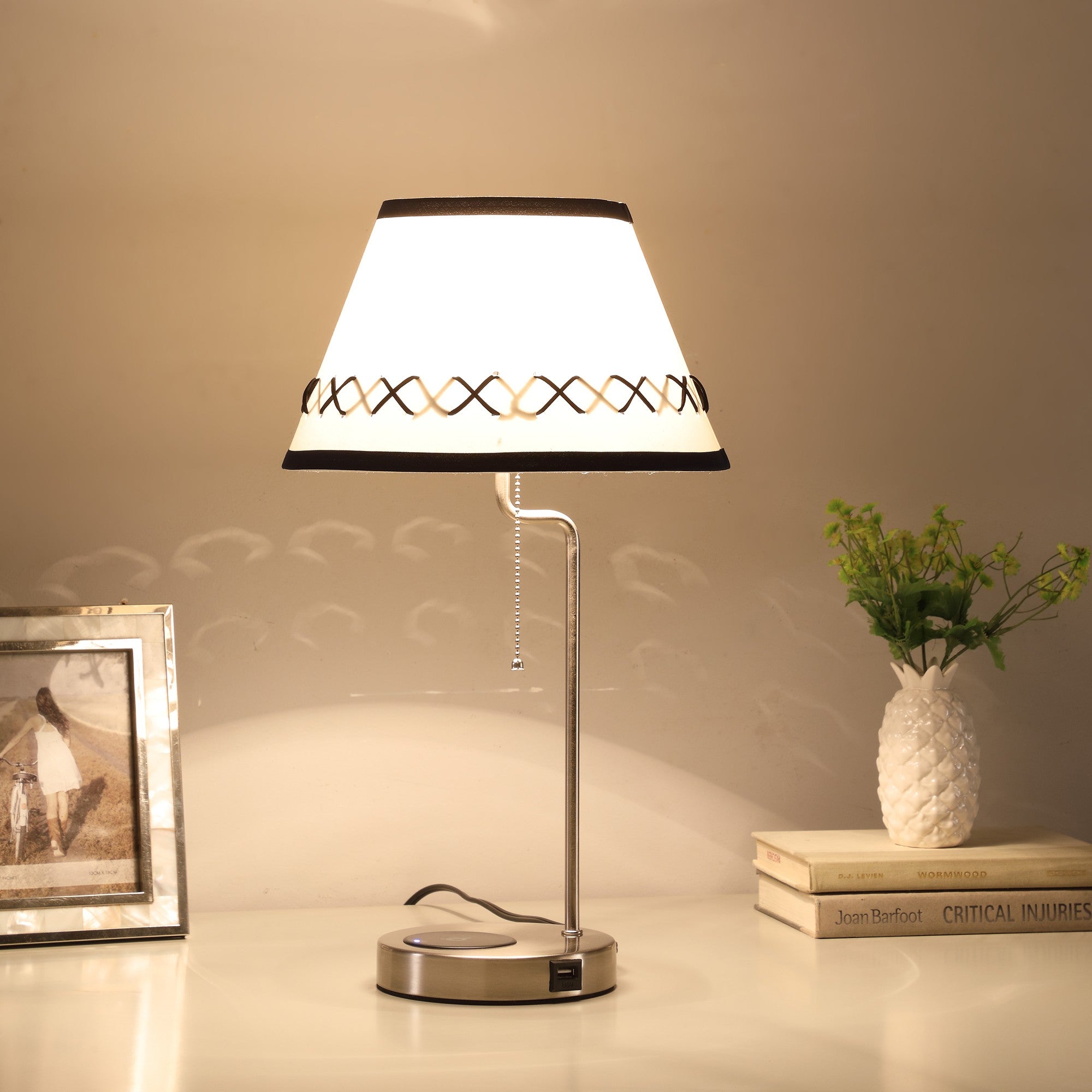 20" Silver Bedside Table Lamp With Off White Empire Shade - Lighting
