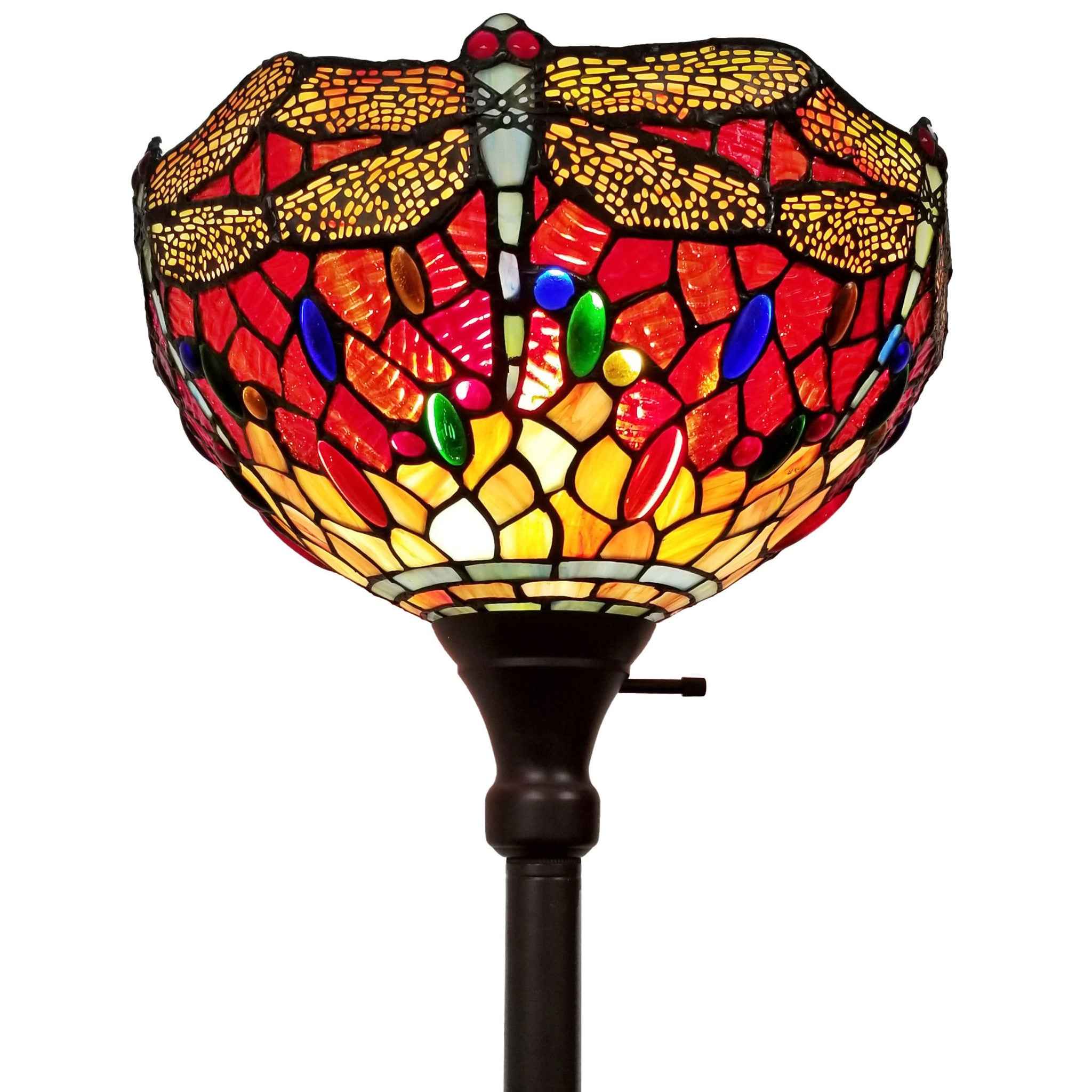 69" Black And Red Torchiere Floor Lamp With Red Dragonfly Glass Dome Shade