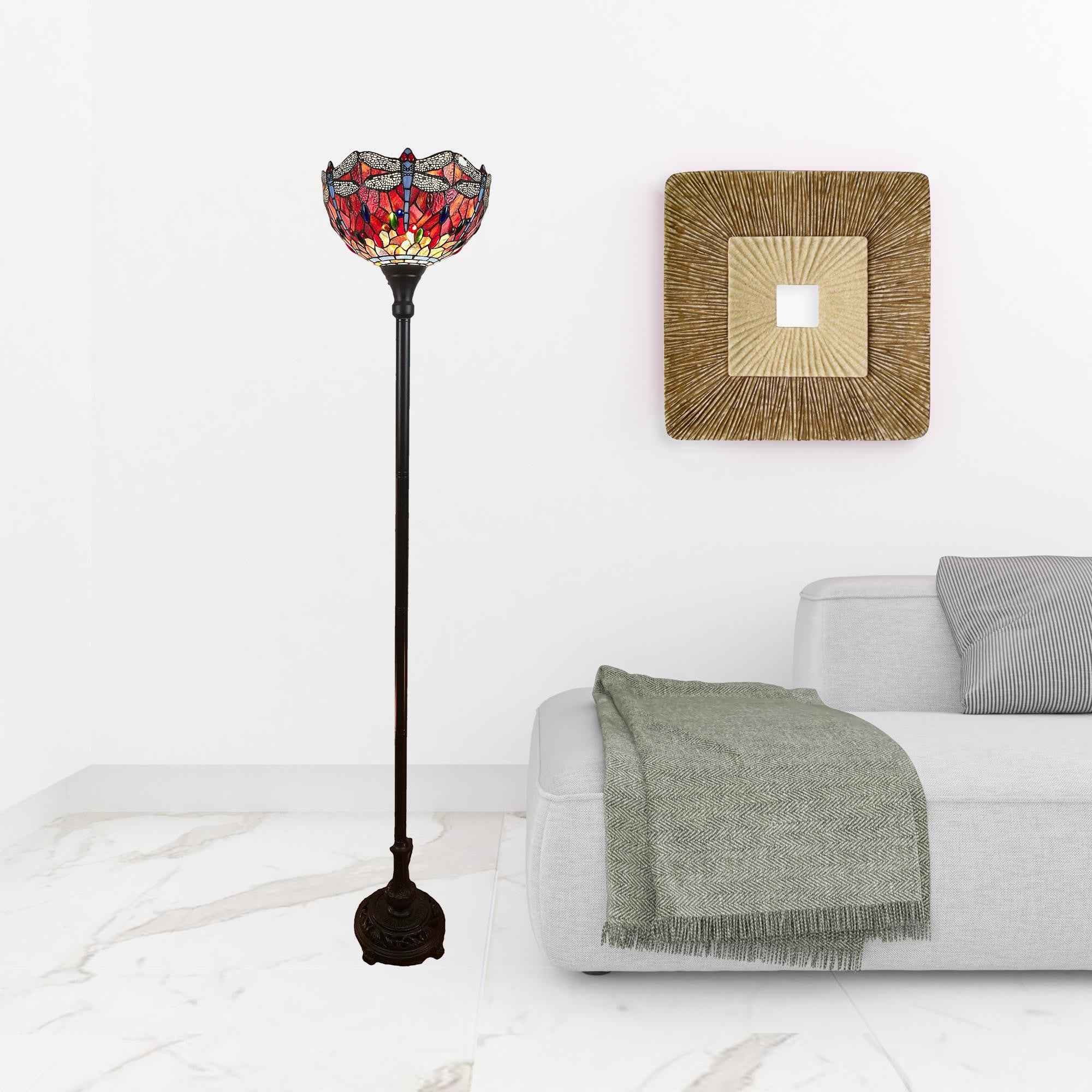 69" Black And Red Torchiere Floor Lamp With Red Dragonfly Glass Dome Shade
