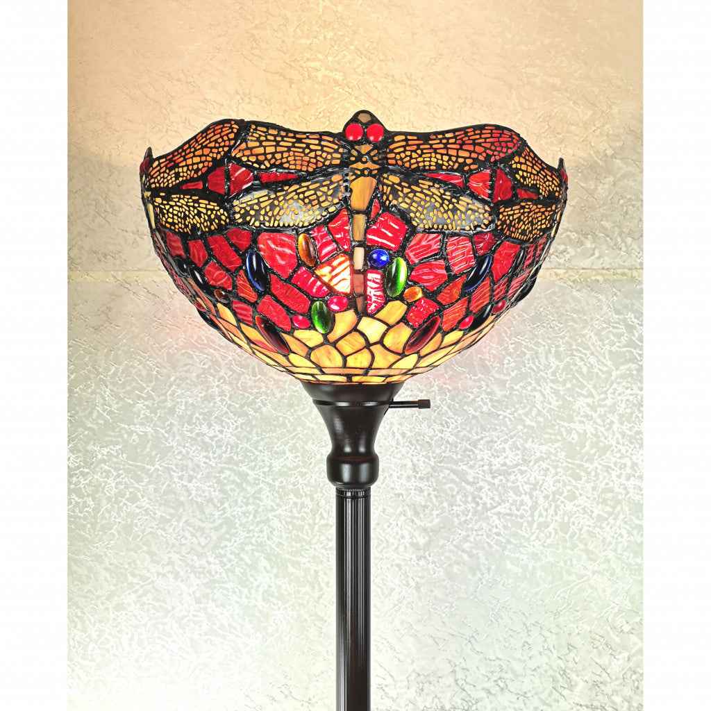 69" Black And Red Torchiere Floor Lamp With Red Dragonfly Glass Dome Shade