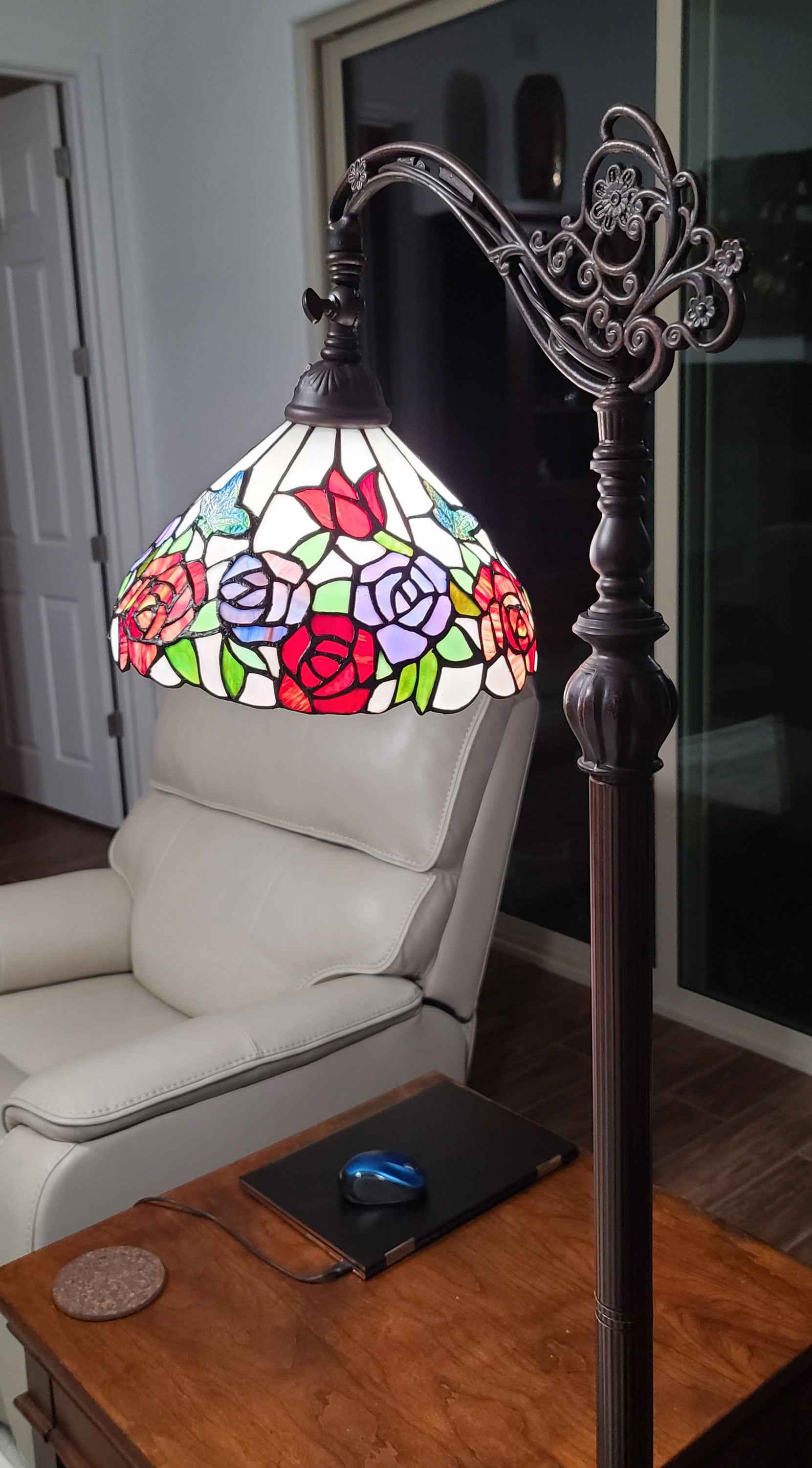 62" Espresso Metal Torchiere Floor Lamp With Green And White Flowers Glass Dome Shade