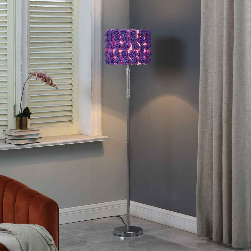 63" Steel and Acrylic Floor Lamp With Purple Flowers Fabric Drum Shade