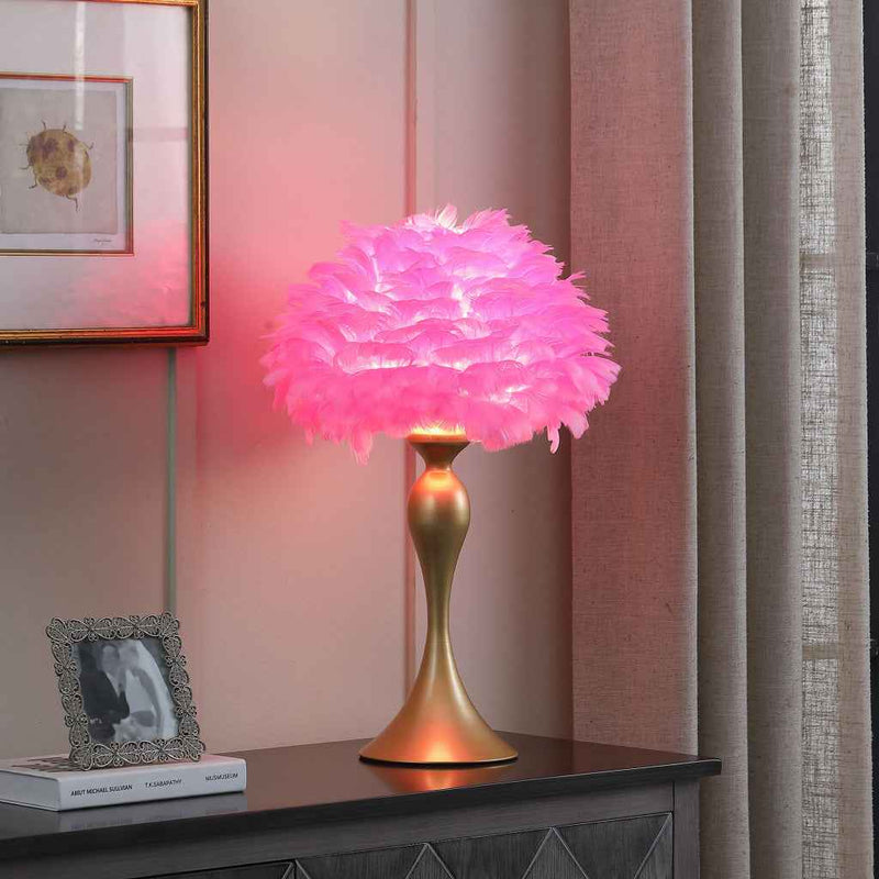 24" Glam Hot Pink Feather and Gold Table Lamp
