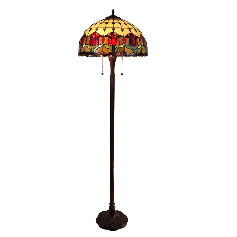 62" Brown Two Light Traditional Shaped Floor Lamp With Red Flowers Stained Glass Dome Shade - GreatEagleInc