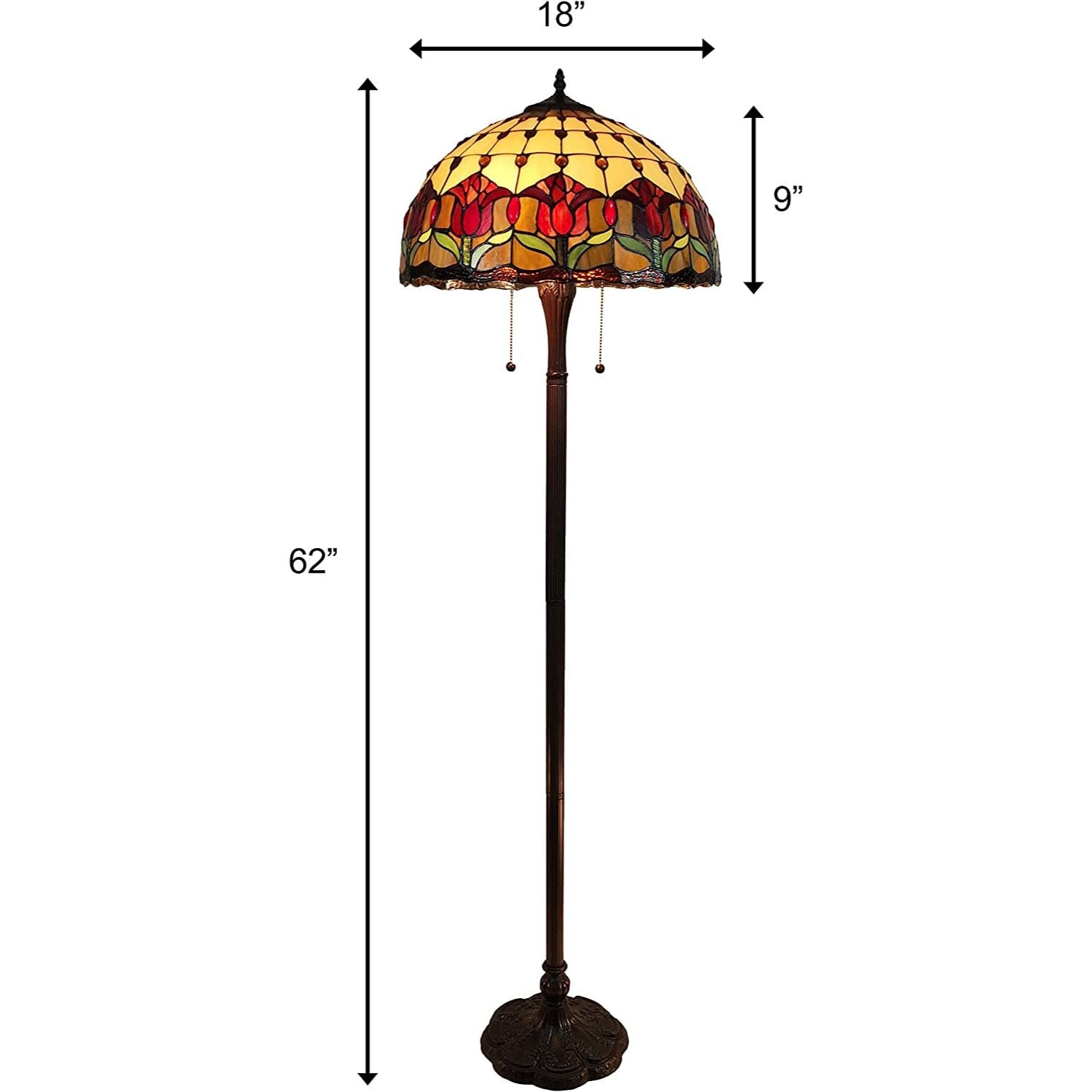 62" Brown Two Light Traditional Shaped Floor Lamp With Red Flowers Stained Glass Dome Shade - GreatEagleInc