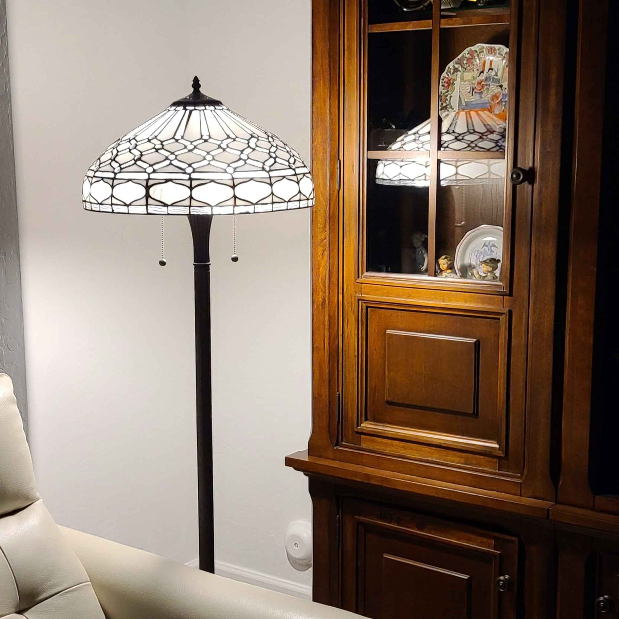 62" Brown And White Two Light Torchiere Floor Lamp With White Geometric Glass Dome Shade