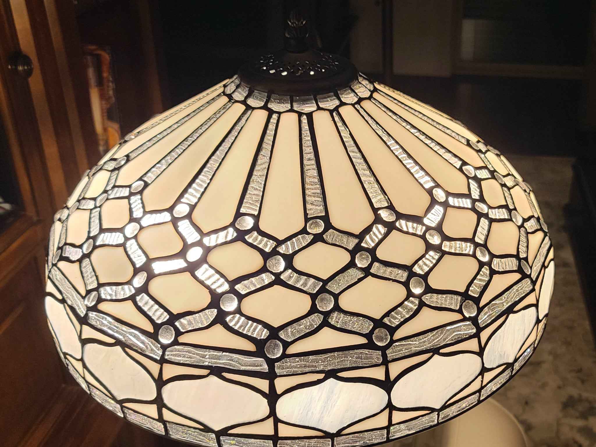 62" Brown And White Two Light Torchiere Floor Lamp With White Geometric Glass Dome Shade