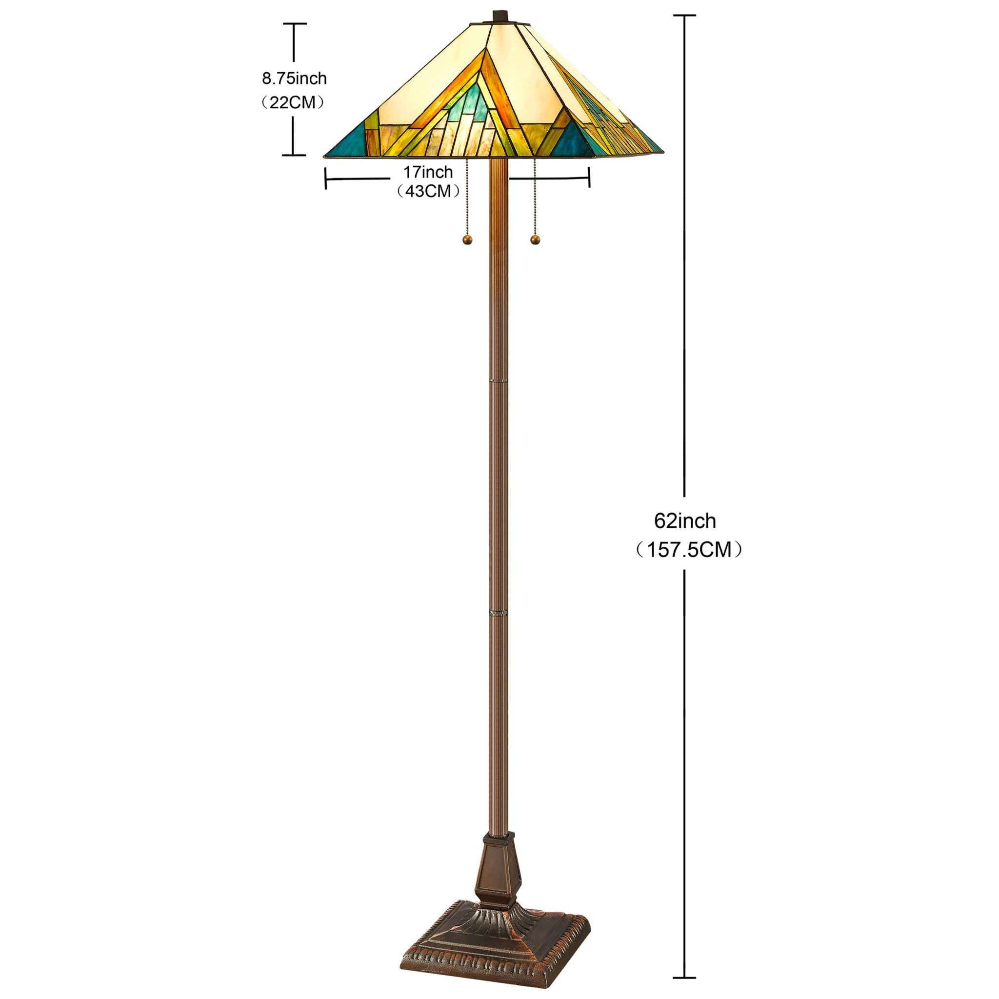 62" Two Light Tiffany Style Floor Lamp With Amber Blue And Green Stained Glass Shade