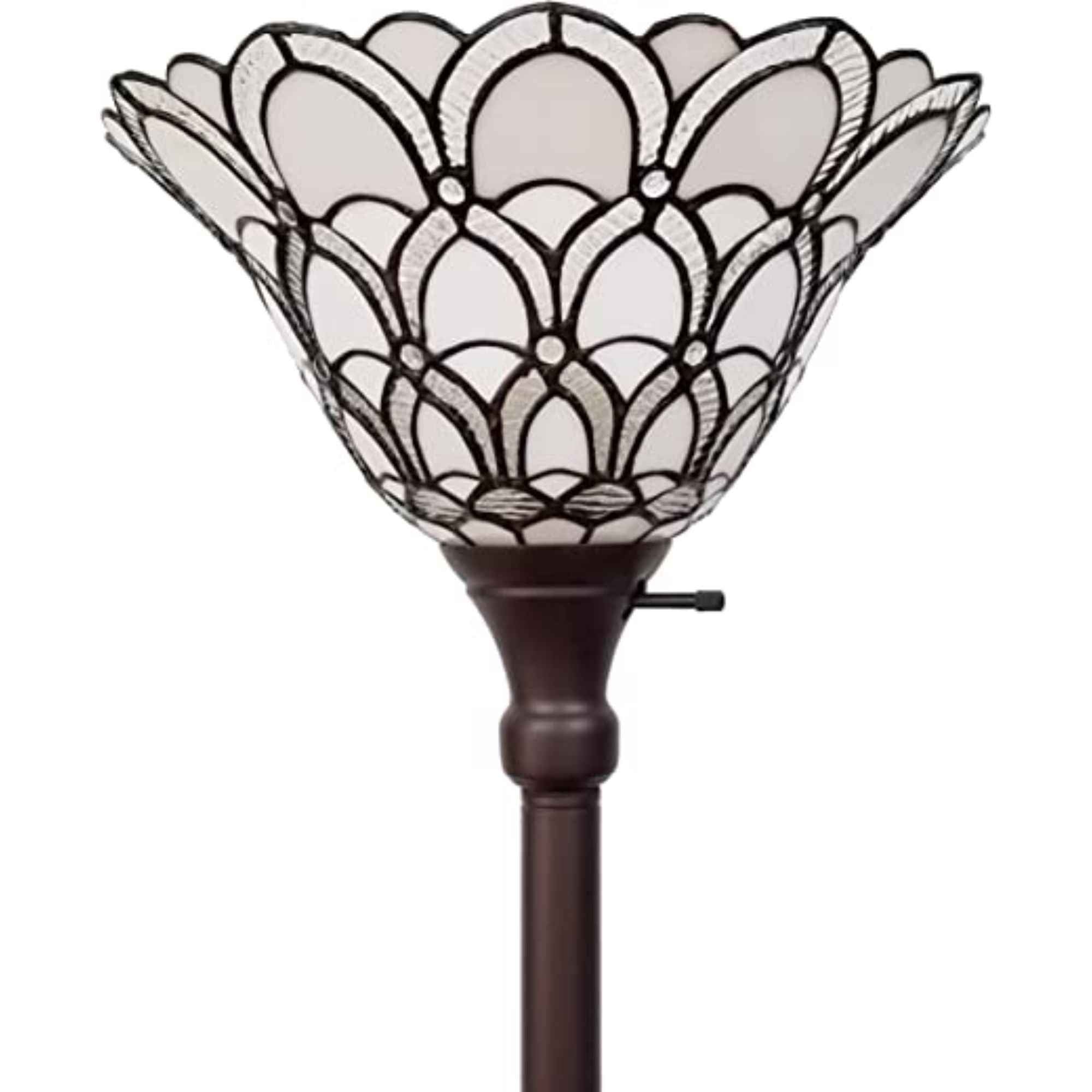 62" Brown And White Floor Lamp With White Peacock Feather Glass Bell Shade