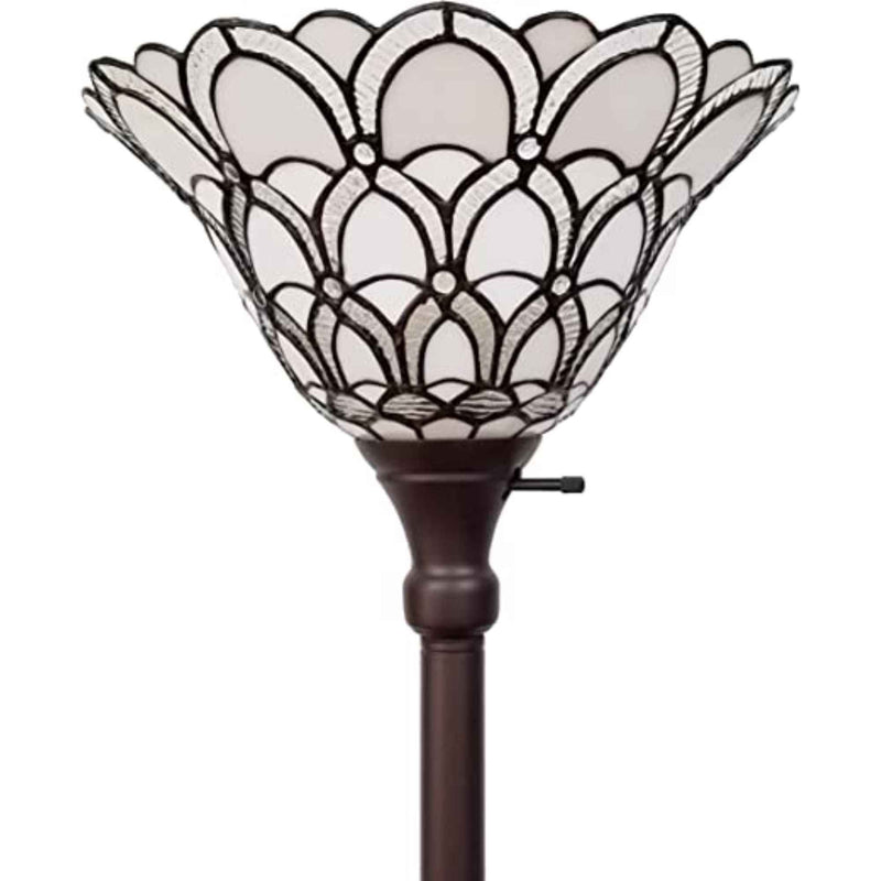 62" Brown And White Floor Lamp With White Peacock Feather Glass Bell Shade