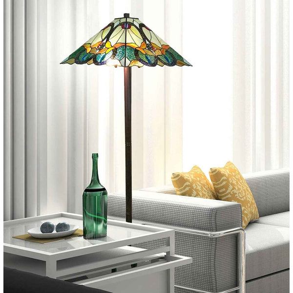 62" Espresso Two Light Torchiere Floor Lamp With Blue Flowers Glass Cone Shade Default Title