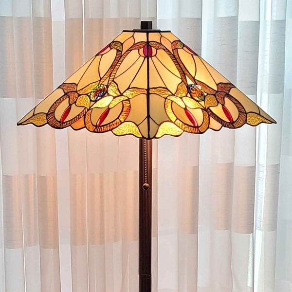 62" Beige Two Light Floor Lamp With Brown And White Glass Cone Shade