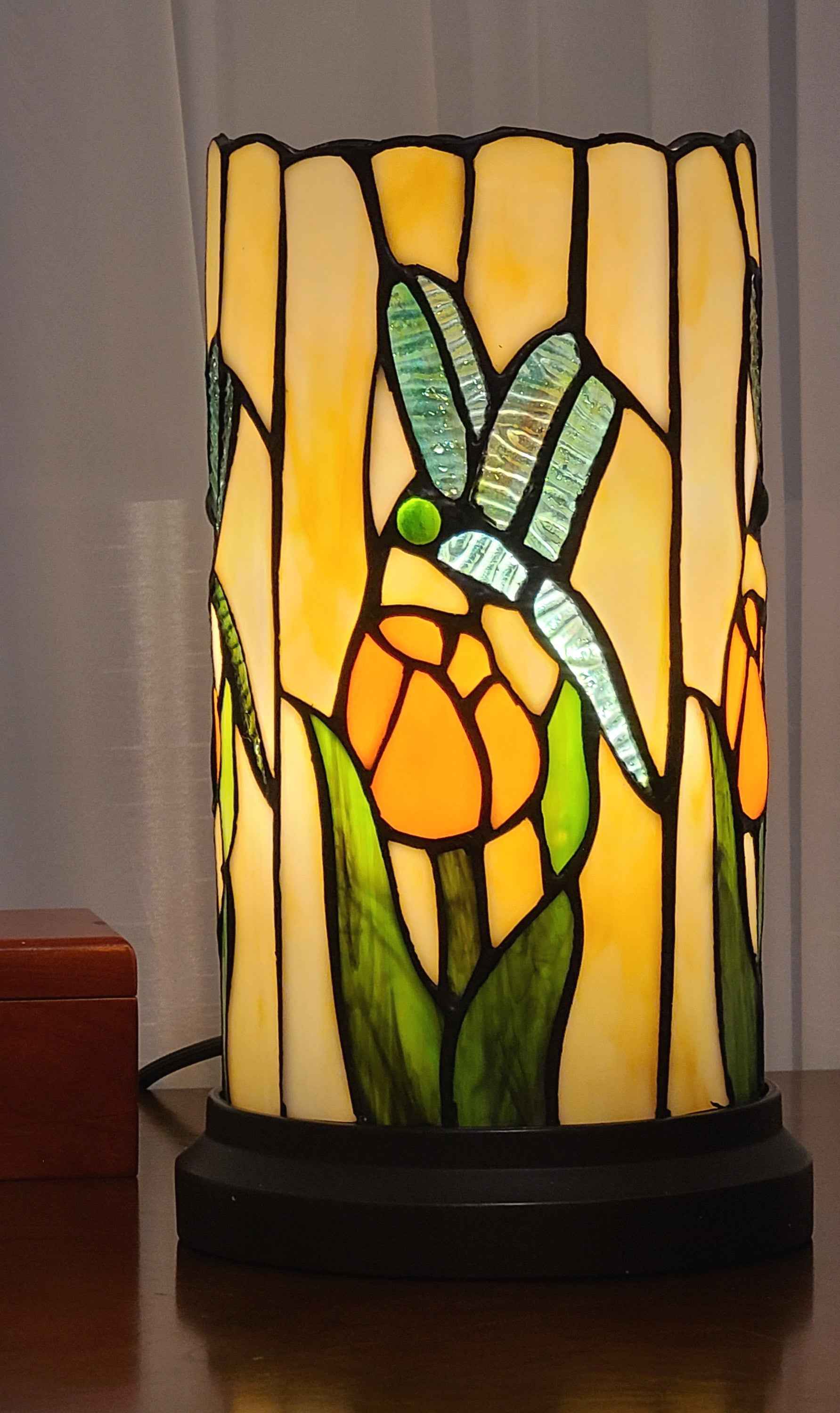 11" Beige and Green Dragonfly Stained Glass Accent Lamp