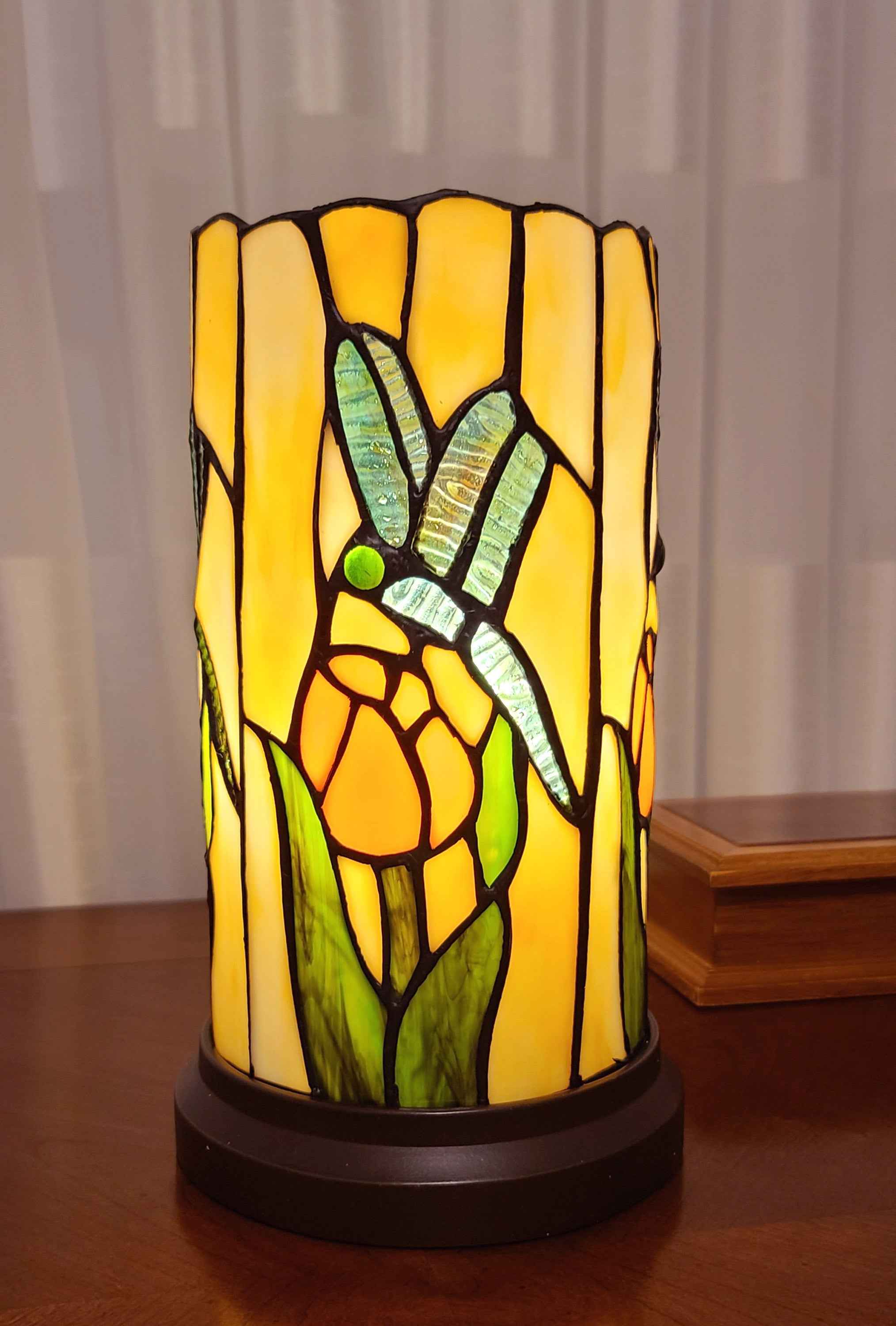 11" Beige and Green Dragonfly Stained Glass Accent Lamp